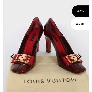 Louis Vuitton Burgundy Patent Leather Pumps with Gold Buckle Vintage